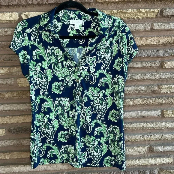 Charter Club Blue Green Scroll Pattern Jersey Knit Short Sleeve Top Size Small - Picture 7 of 7
